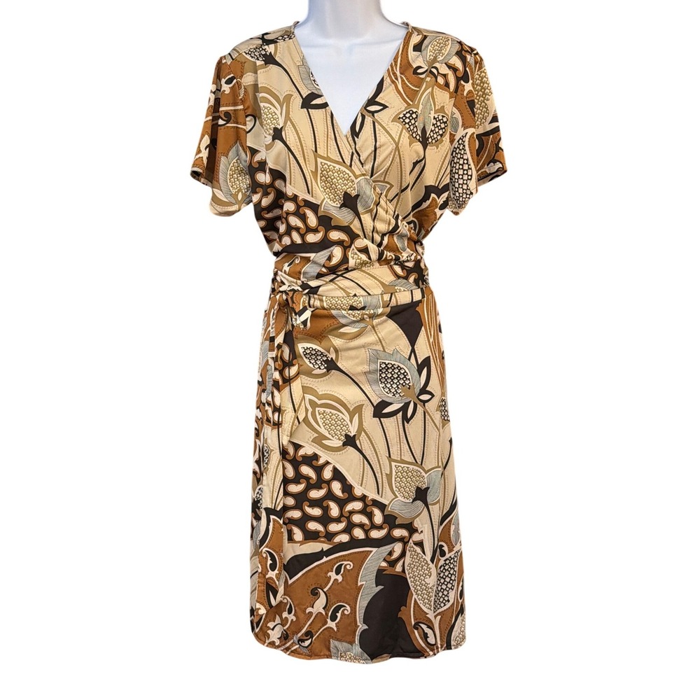 Y2K Attention Wrap Dress Boho Retro Earthy Paisley Floral XL Short Sleeve V-Neck